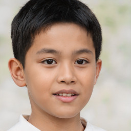 Joyful asian child male with short  brown hair and brown eyes