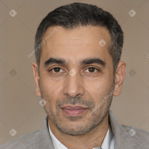 Neutral white adult male with short  black hair and brown eyes