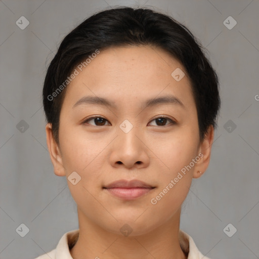 Joyful asian young-adult female with short  brown hair and brown eyes