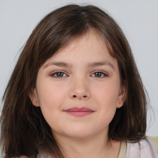 Joyful white child female with medium  brown hair and brown eyes