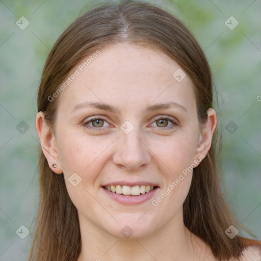 Joyful white young-adult female with medium  brown hair and blue eyes