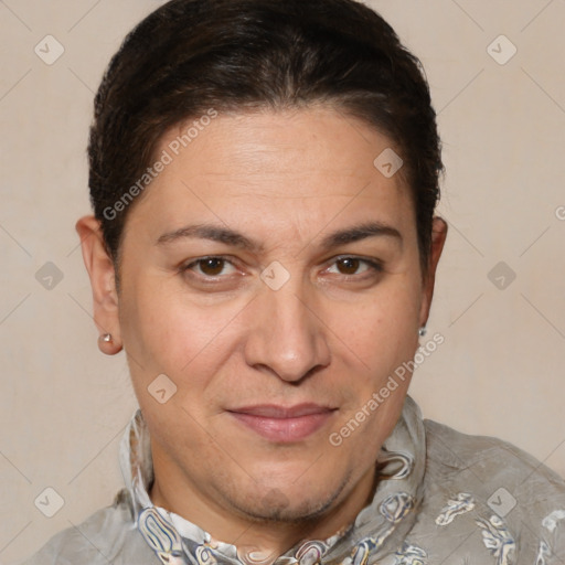 Joyful white adult female with short  brown hair and brown eyes