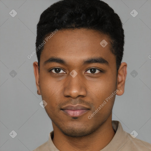 Neutral black young-adult male with short  black hair and brown eyes