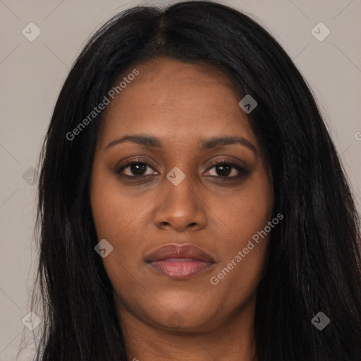 Joyful asian young-adult female with long  black hair and brown eyes