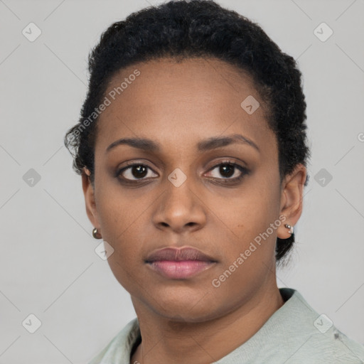Neutral black young-adult female with short  black hair and brown eyes