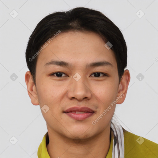 Joyful asian young-adult male with short  brown hair and brown eyes