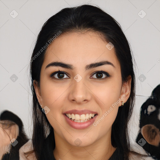 Joyful latino young-adult female with medium  black hair and brown eyes