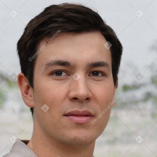 Neutral white young-adult male with short  brown hair and brown eyes