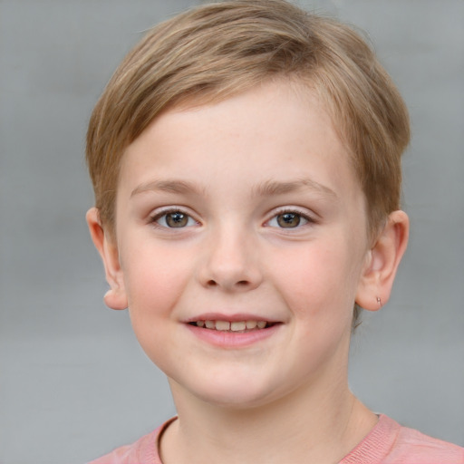 Joyful white child female with short  brown hair and grey eyes