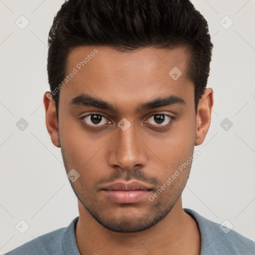 Neutral white young-adult male with short  brown hair and brown eyes