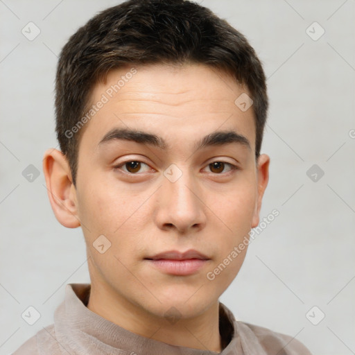 Neutral white young-adult male with short  brown hair and brown eyes