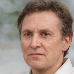 Joyful white middle-aged male with short  brown hair and brown eyes