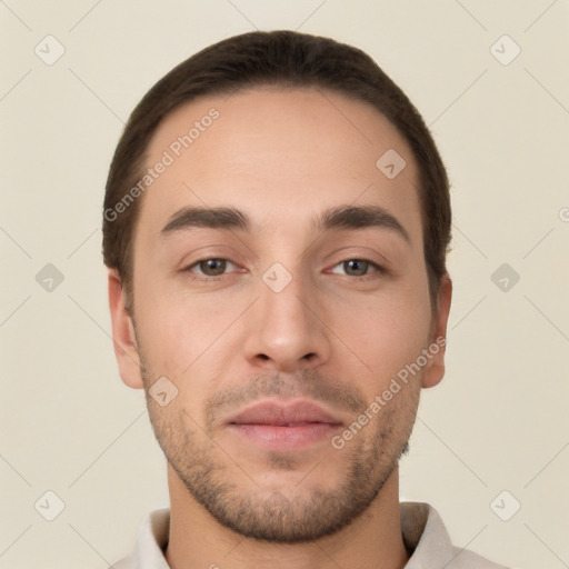 Neutral white young-adult male with short  brown hair and brown eyes