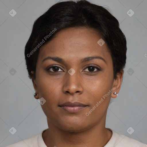 Neutral latino young-adult female with short  brown hair and brown eyes