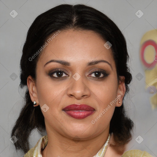 Joyful latino adult female with medium  brown hair and brown eyes