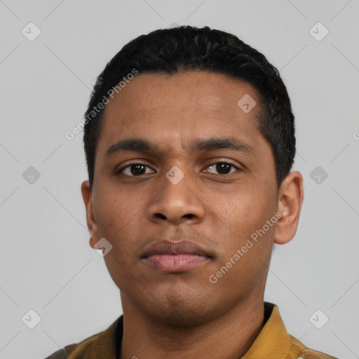 Neutral latino young-adult male with short  black hair and brown eyes