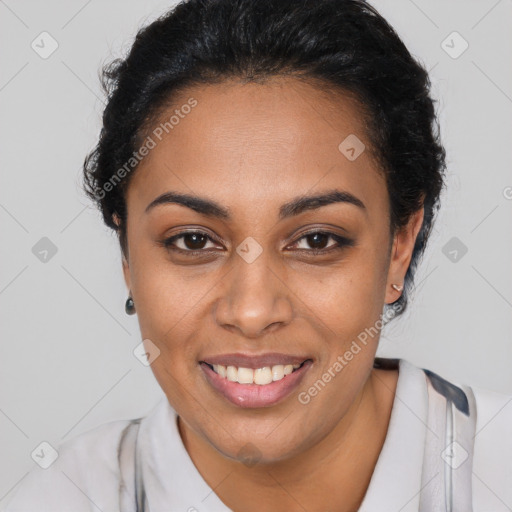 Joyful latino young-adult female with short  brown hair and brown eyes