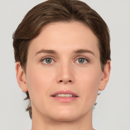 Neutral white young-adult female with short  brown hair and brown eyes