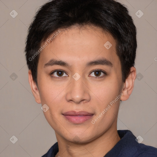 Joyful white young-adult male with short  black hair and brown eyes