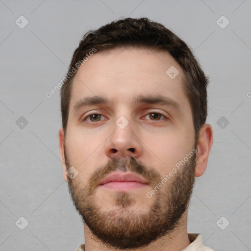 Neutral white young-adult male with short  brown hair and brown eyes