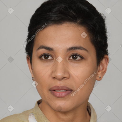 Joyful latino young-adult female with short  brown hair and brown eyes