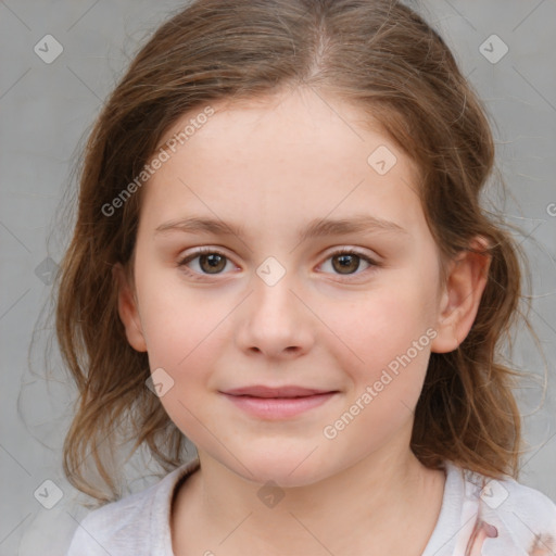 Joyful white child female with medium  brown hair and brown eyes