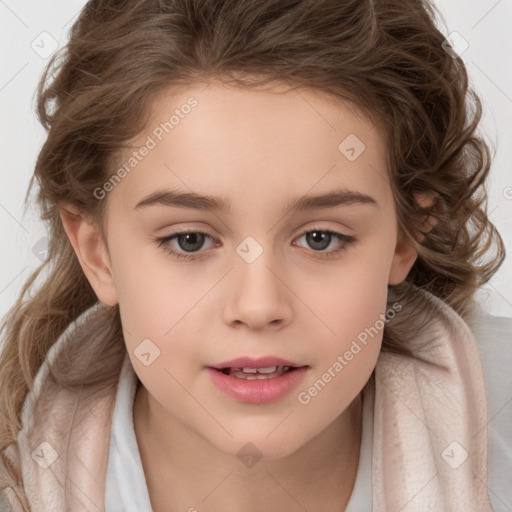 Joyful white child female with medium  brown hair and brown eyes