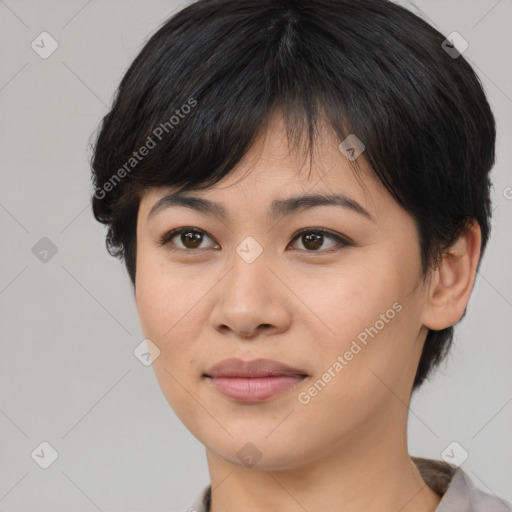 Joyful asian young-adult female with medium  brown hair and brown eyes