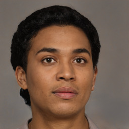 Neutral latino young-adult female with short  brown hair and brown eyes