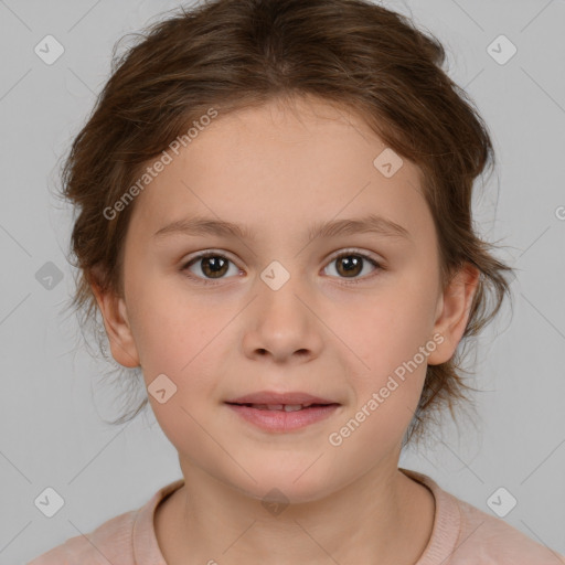 Joyful white child female with medium  brown hair and brown eyes