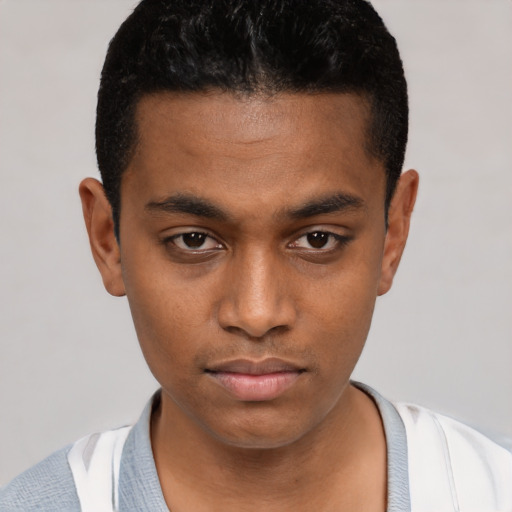 Neutral black young-adult male with short  black hair and brown eyes