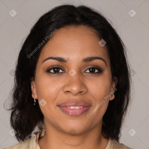 Joyful black young-adult female with medium  brown hair and brown eyes