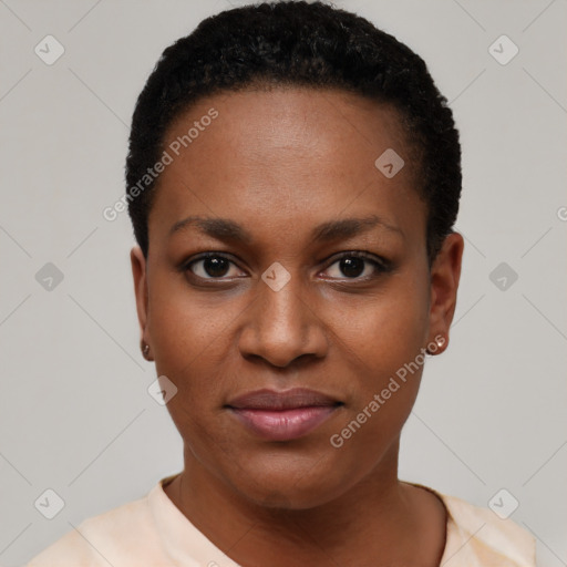 Joyful black young-adult female with short  black hair and brown eyes