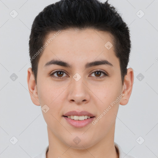 Joyful white young-adult female with short  brown hair and brown eyes