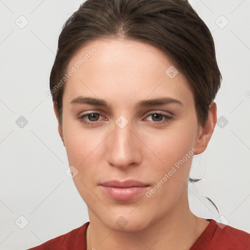 Neutral white young-adult female with medium  brown hair and brown eyes