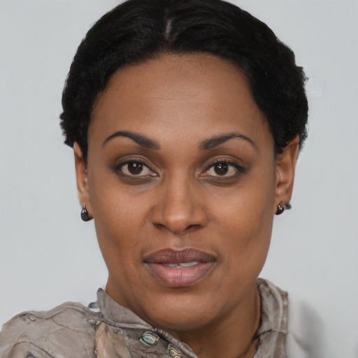 Joyful latino adult female with short  black hair and brown eyes