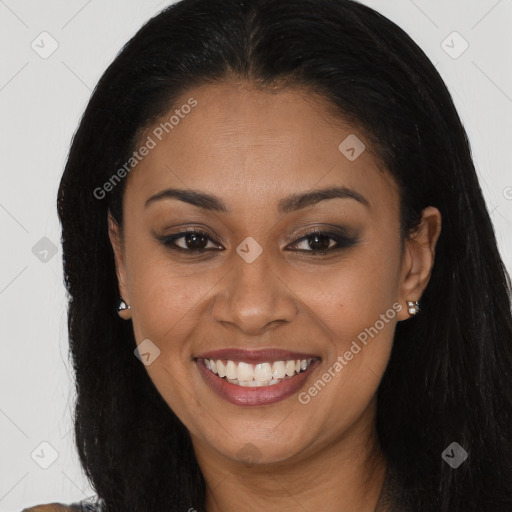 Joyful latino young-adult female with long  brown hair and brown eyes