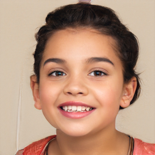 Joyful white child female with short  brown hair and brown eyes