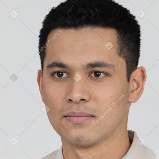 Neutral asian young-adult male with short  black hair and brown eyes