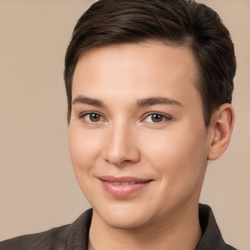 Joyful white young-adult female with short  brown hair and brown eyes