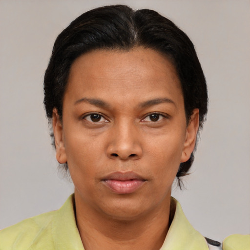 Neutral asian young-adult female with short  black hair and brown eyes