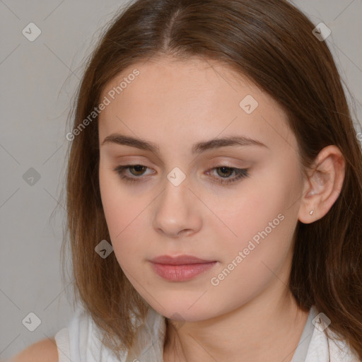 Neutral white young-adult female with medium  brown hair and brown eyes