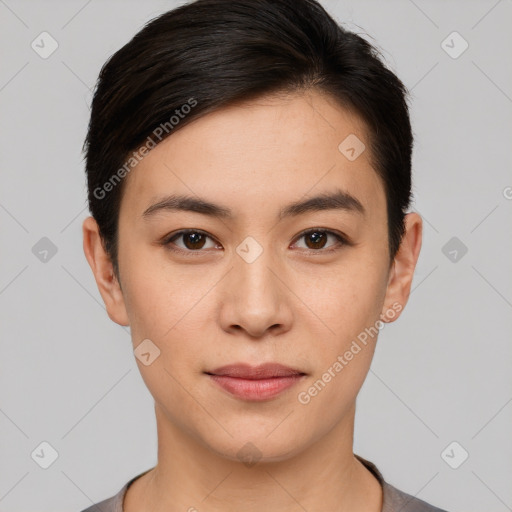 Joyful white young-adult female with short  brown hair and brown eyes