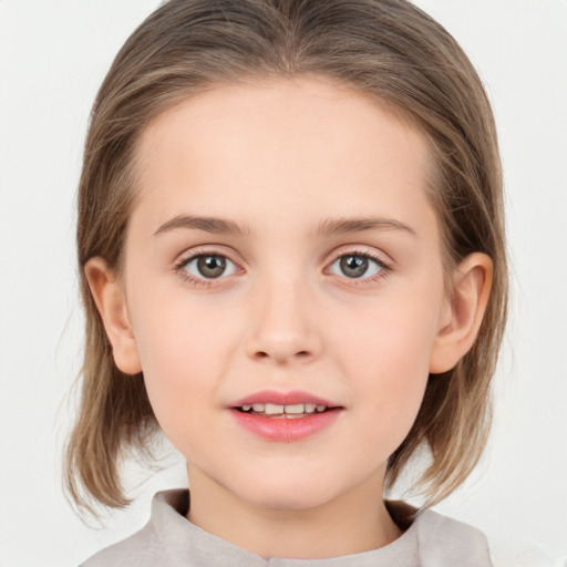 Joyful white child female with medium  brown hair and brown eyes