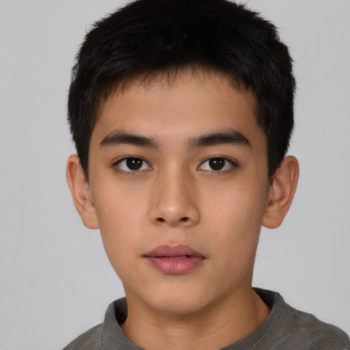 Neutral asian young-adult male with short  brown hair and brown eyes