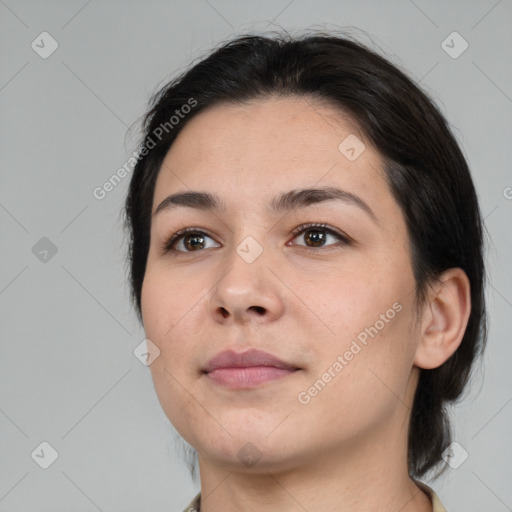 Neutral white young-adult female with medium  brown hair and brown eyes