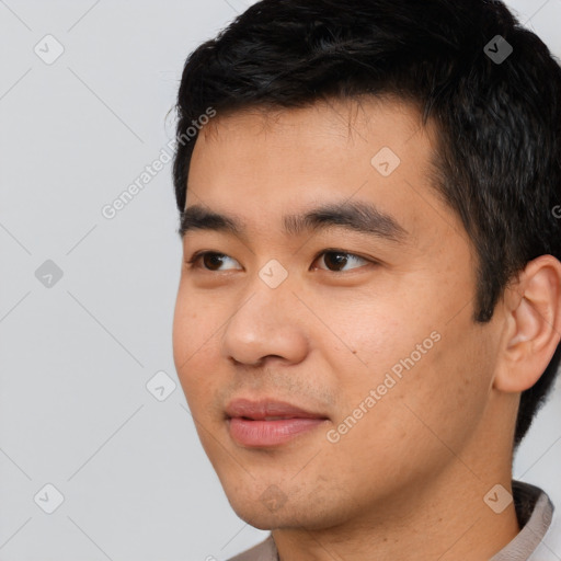 Neutral asian young-adult male with short  black hair and brown eyes