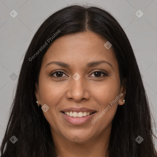 Joyful latino young-adult female with long  brown hair and brown eyes