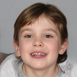 Joyful white child male with medium  brown hair and brown eyes