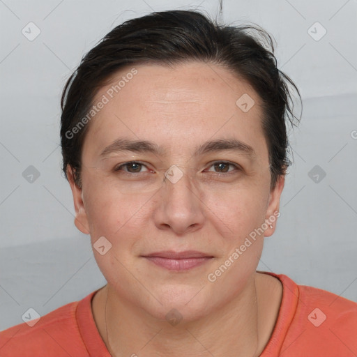 Joyful white adult female with short  brown hair and brown eyes